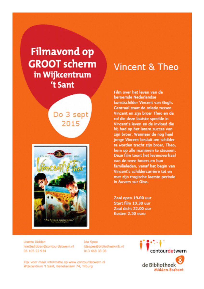 WijkcentrumSant's tweet photo. Donderdag 3 september; film op groot scherm; Vincent &amp; Theo. http://t.co/xlNLYDj7Ew