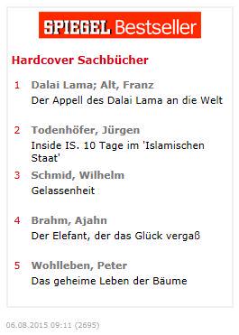 Platz 1 auf der <a href="/DerSPIEGEL/">DER SPIEGEL</a> #Bestseller-Liste auch in KW 33: "Der Appell des #DalaiLama an die Welt" mit <a href="/FranzAlt/">Franz Alt</a>.