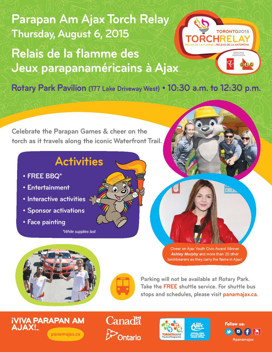 TownOfAjax's tweet photo. TODAY @ 10:30am! #TO2015torch returns to Rotary Park for Parapan Am Ajax Torch Relay! Info @ http://t.co/Ku9QEUVx9A http://t.co/Xg3KRTrkf9