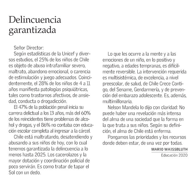 Educacion2020's tweet photo. Ésta es la carta de Mario Waissbluth "delincuencia garantizada" que fue publicada ayer en @emol. http://t.co/ISlspR8tO8