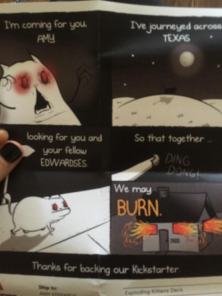 realamyedwards's tweet photo. My #ExpoldingKittens arrived! Woohoo! Thank you @gameofkittens been excited for months 😻 http://t.co/XKNBuGqAOQ