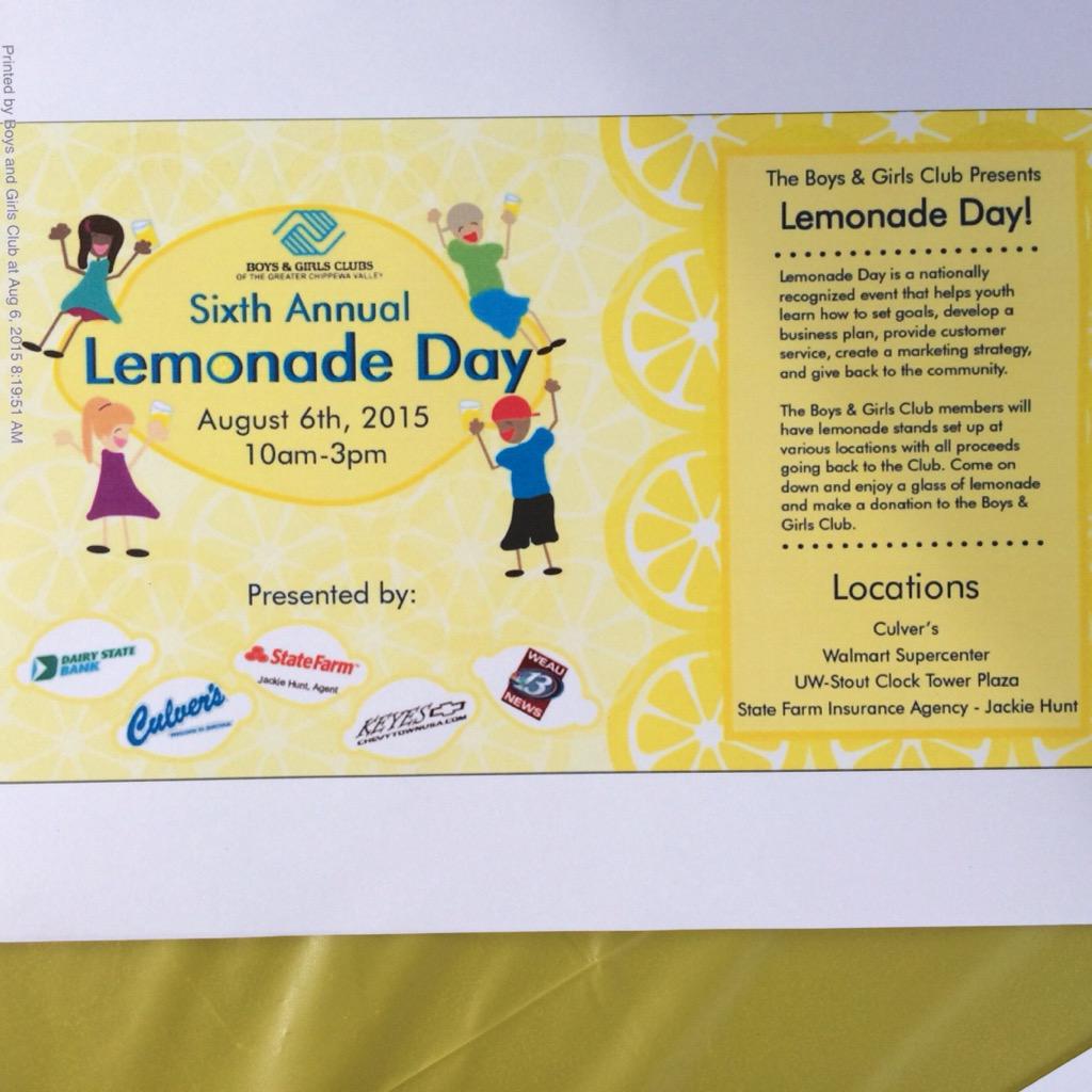 UWStoutINTL's tweet photo. Boys and girls club selling lemonade for their fundraiser outside our office!  Stop by and support a great cause! http://t.co/RZLp9r8pTr