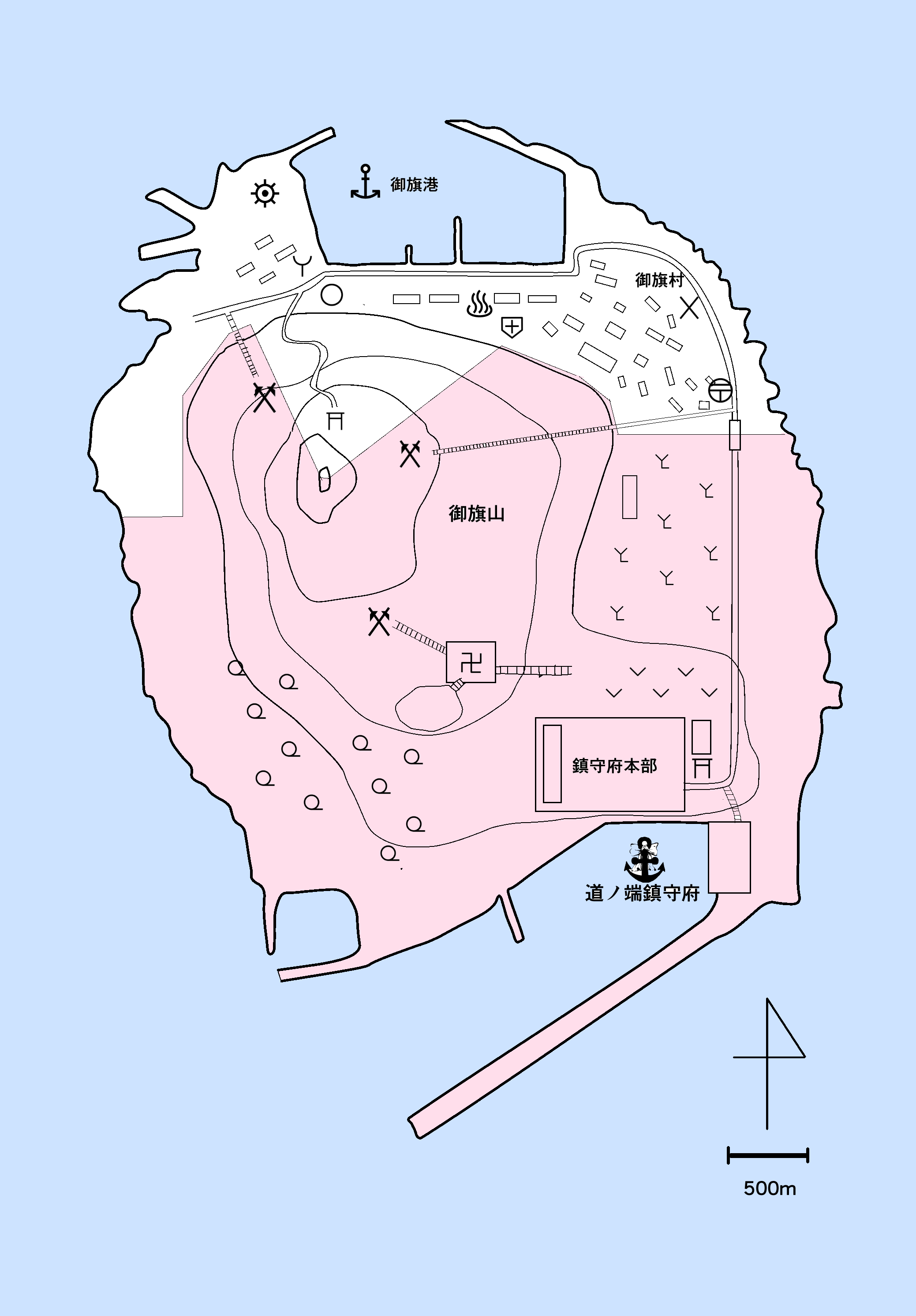 Joy君 3 6電子観艦式 創作鎮守府のある島の全体図 いちおう完成しました ピンク色の部分が海軍敷地です 地図 記号などは一部を除いて国土地理院準拠 一日かかってこの出来 細かい注釈などは新刊 出るとは言ってない でつけます 架空地図 創作
