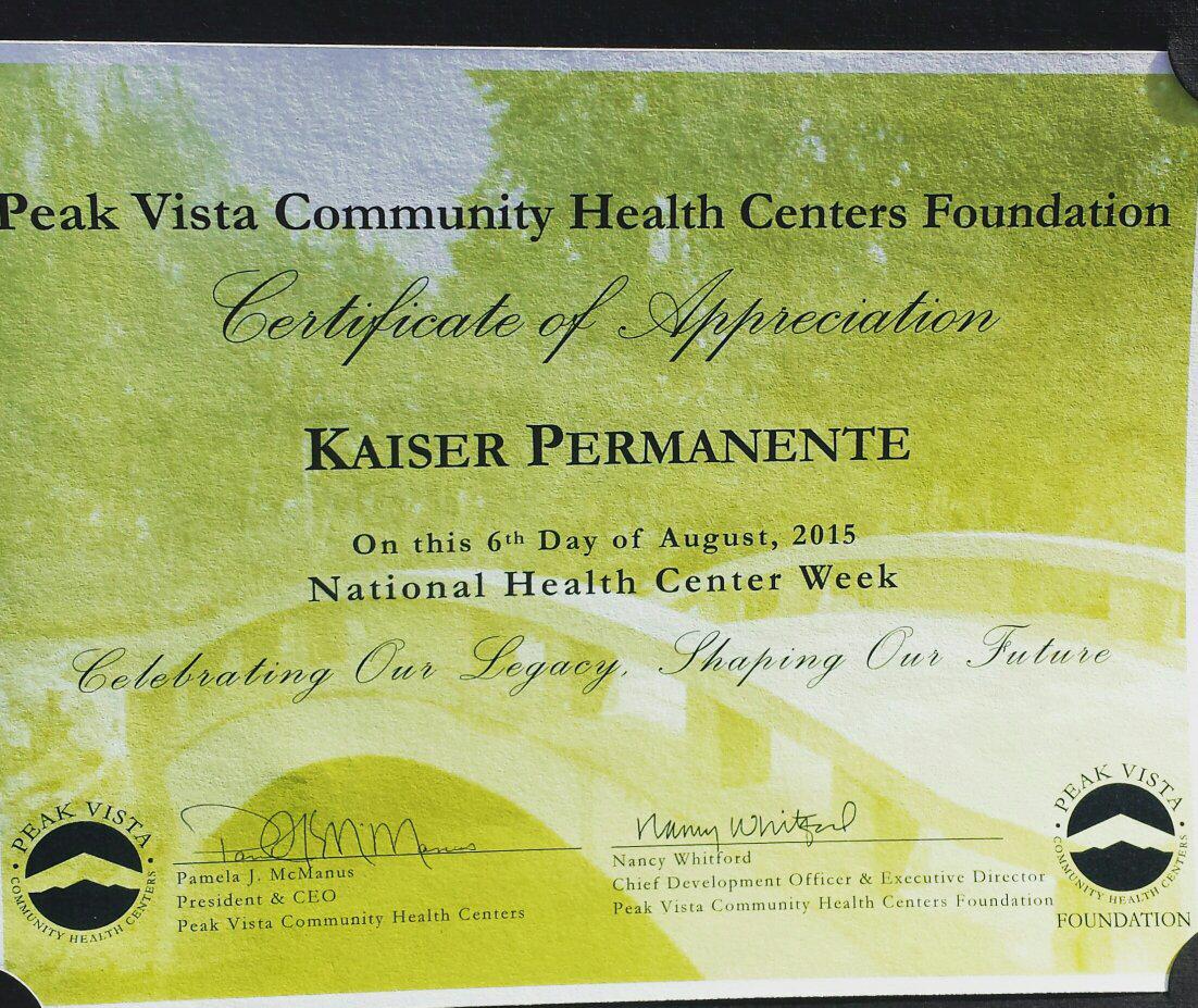 @KPcolorado receives #certificateofappreciation from @PVCHC during #NHCW15 thank you for your #partnership !