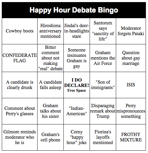caro's tweet photo. I made bingo cards for the #HappyHourDebate so that @LindseyGrahamSC doesn't feel left out http://t.co/b6hYPLmpMb