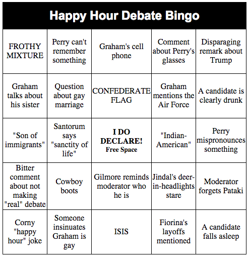 caro's tweet photo. I made bingo cards for the #HappyHourDebate so that @LindseyGrahamSC doesn't feel left out http://t.co/b6hYPLmpMb