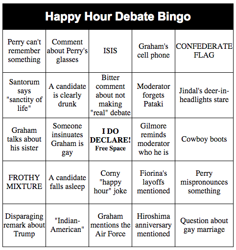 caro's tweet photo. I made bingo cards for the #HappyHourDebate so that @LindseyGrahamSC doesn't feel left out http://t.co/b6hYPLmpMb
