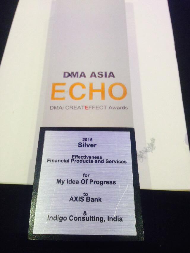indigo_cons's tweet photo. To everyone who got us a Silver home! @AxisBank @clockroots @varshachoksi #DMAAsiaEchoAwards #myideaofprogress http://t.co/nfGCZ7cl4J