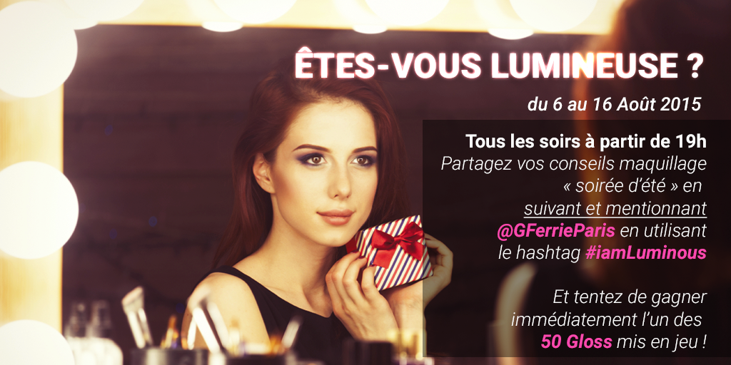 FerrieParis's tweet photo. Tentez de gagner un Gloss avec vos conseils maquillage "soirée d'été" en mentionnant @GFerrieParis et #iamLuminous http://t.co/wJFCfKrFvL