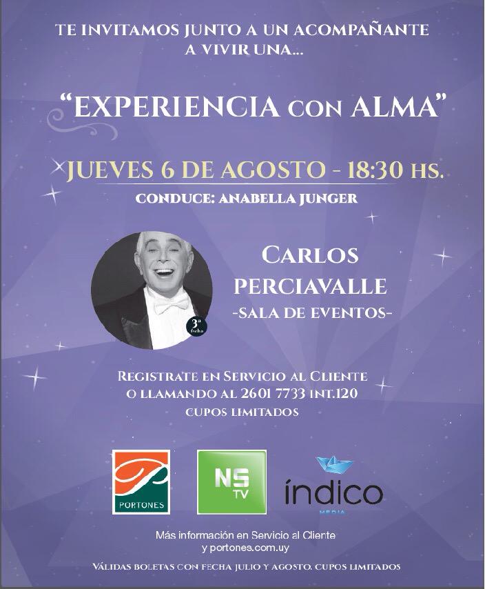 Hoy experiencias con alma! 18:30hs
En portones shopping! Anabella Junger y Carlos Perciavalle! Imperdible!