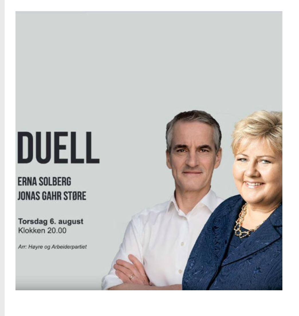 Se <a href="/erna_solberg/">Erna Solberg</a> møte <a href="/jonasgahrstore/">Jonas Gahr Støre</a> i direkte duell på hoyre.no kl. 20.00 #valg15 #ErnaVsJonas