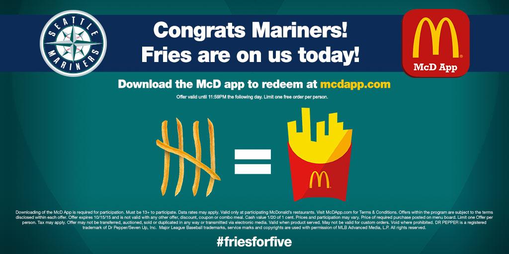 Mariners's tweet photo. With 5 runs yesterday, enjoy free medium fries at local McDonald's. http://t.co/rdfF0dpUXj #friesforfive #GoMariners http://t.co/nExtWCxdlm