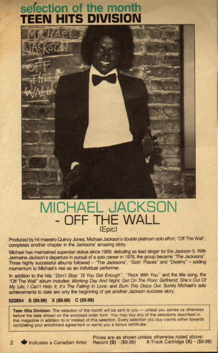 michaeljackson's tweet photo. #TBT: Remember this ad for 'Off The Wall'? MJ was the pick of the month for Columbia House's “Teen Hits Division” http://t.co/rrEytKmjL0