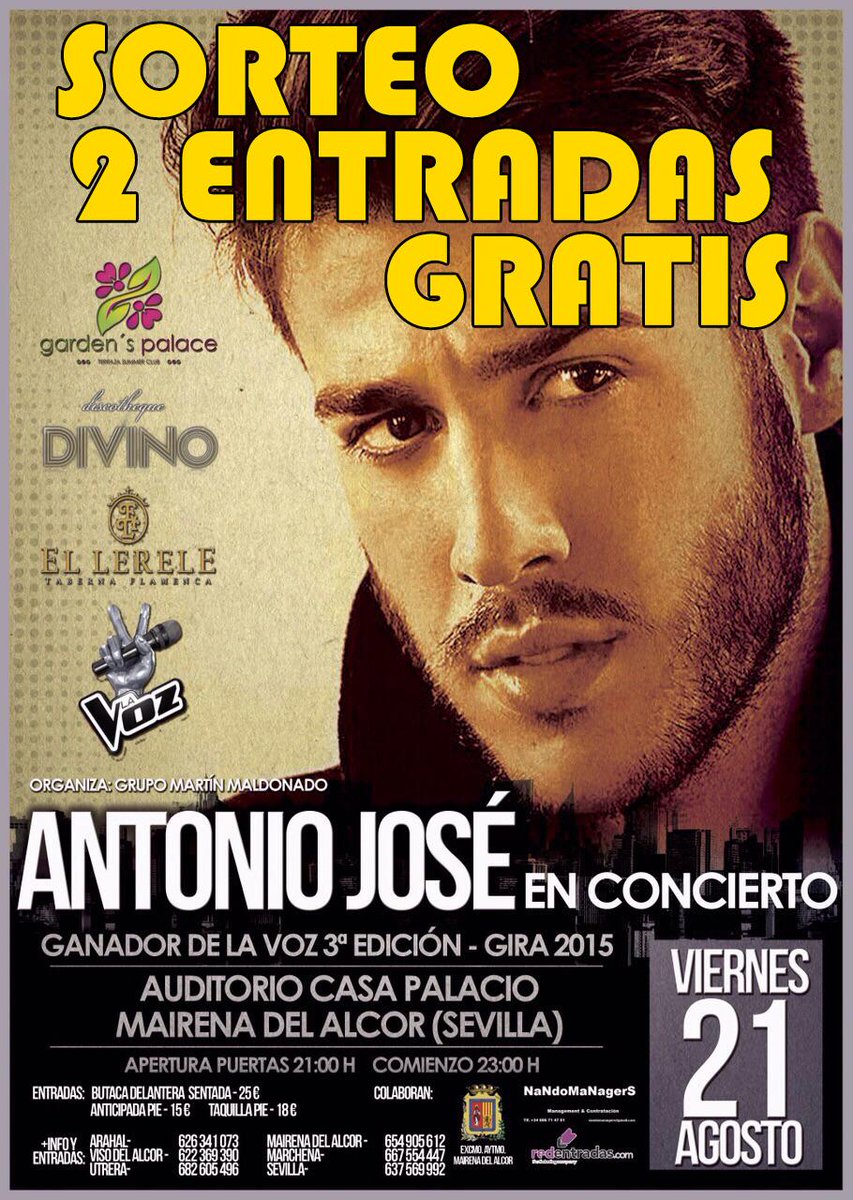 disfrutamairena's tweet photo. RT - #SORTEOENTRADAS #GRATIS CONCIERTO ANTONIO JOSÉ @AntonioJSMazuec @lavoztelecinco
Info en http://t.co/3HhK5AEYJK http://t.co/kTVCNrIDPF