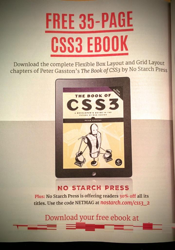 thebookofcss3's tweet image. Two chapters of the book free in the next @netmag, plus 30% off all @nostarch books!