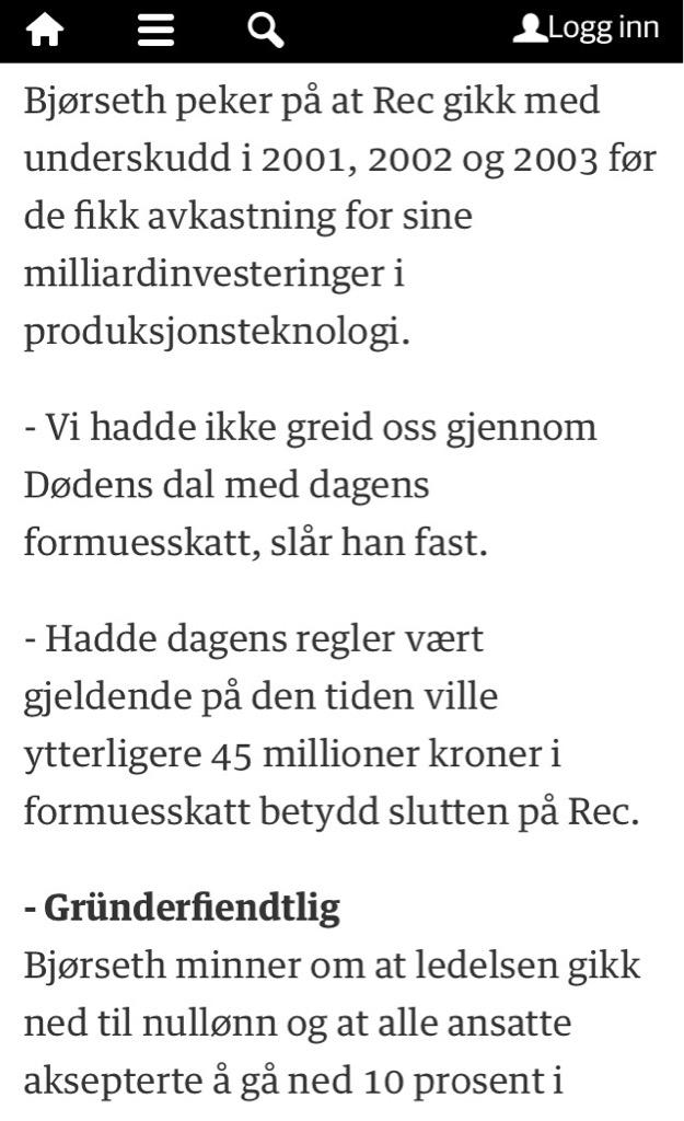 PetterWHH's tweet photo. Neida, formueskatt har null å si for arbeidsplasser, gründerskap og investeringer. Rec hadde gått konk #ErnaVsJonas http://t.co/lvALoIs3VG