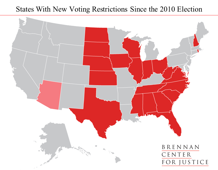 BrennanCenter's tweet image. Here are the 21 states with new #voting restrictions since 2010 election. It's why we need to #RestoreTheVRA #VRA50