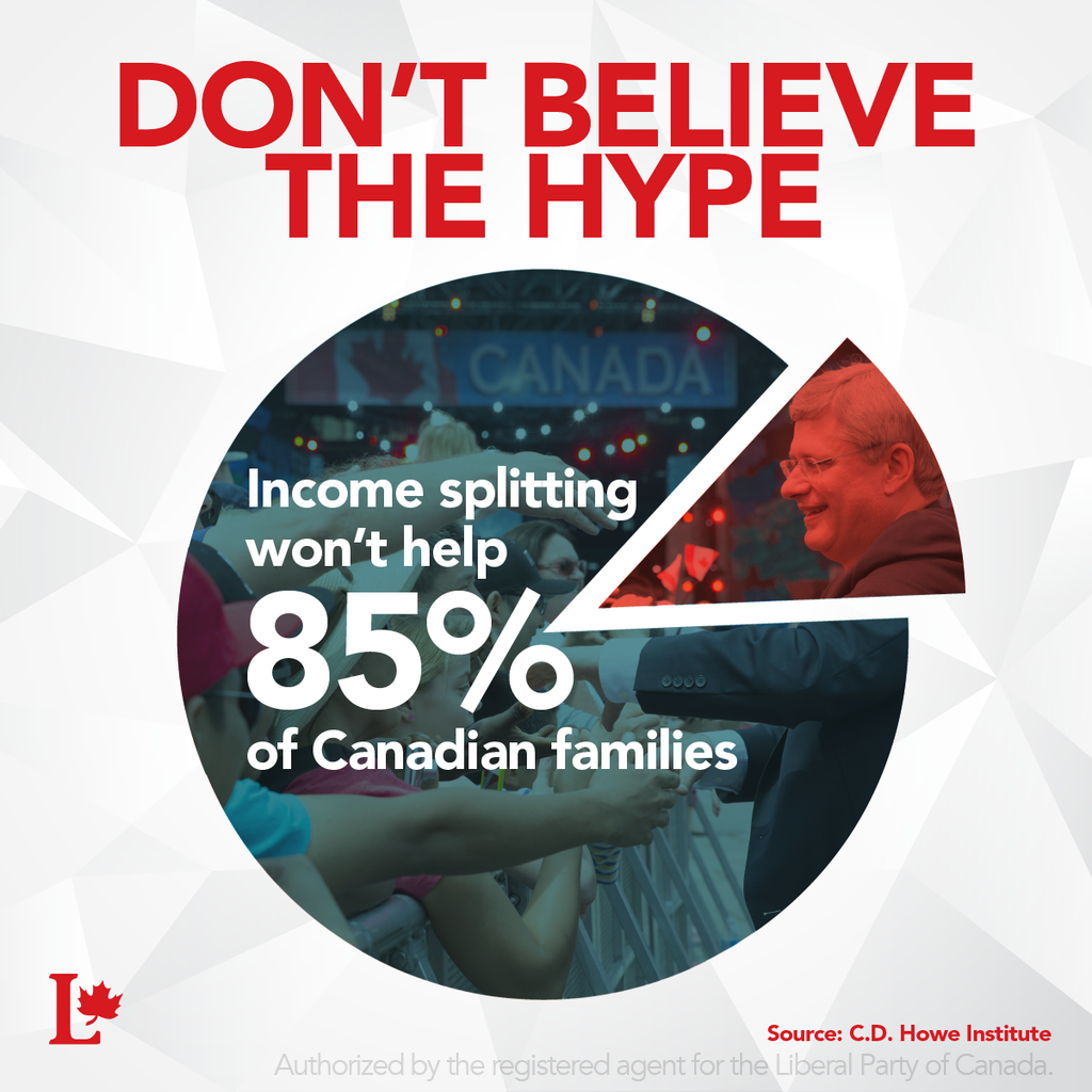JustinTrudeau's tweet photo. FACT CHECK: Harper’s tax scheme will benefit Canada’s wealthiest. 85% of families won’t see a dime. #elxn42 http://t.co/s5oxZdzs8E