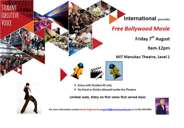 MITsuccess's tweet photo. Reminder about the Bollywood movie happening today at Manukau Campus in the Lecture Theatre from 9-12 this morning http://t.co/e3htYeU9rY