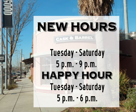 caskandbarrel's tweet photo. Our hours have changed! We are open 5-9 p.m. and Happy Hour is now 5-6 p.m. #CaskAndBarrel916 http://t.co/WTZJ6mis2F