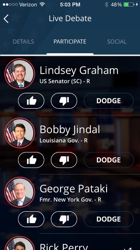 COM275wxci's tweet photo. RATE THE DEBATERS using the interactive/real-time app. Thumbs up/down or "dodge" if they dodge the question. Sample: http://t.co/VOHCQBXBWw