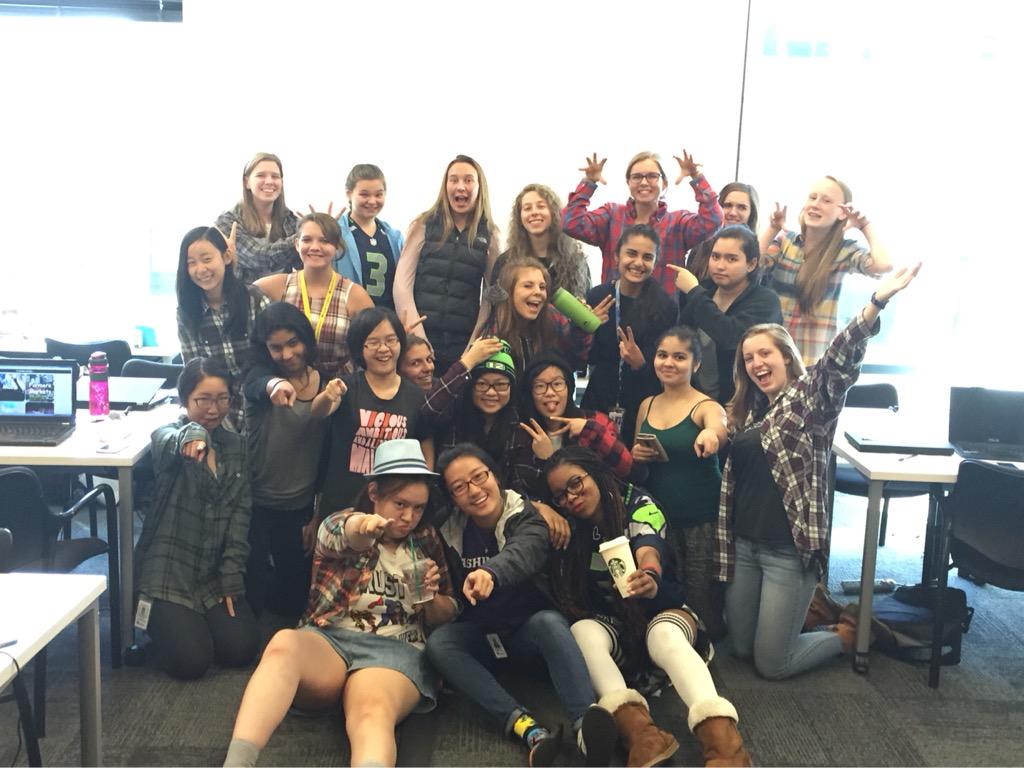 GirlsWhoCodeSEA's tweet image. Typical Seattleite day during spirit week! Got our Starbucks and Seahawks apparel. @lifeatexpedia @GirlsWhoCode