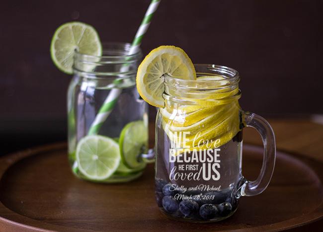 Our engraved #masonjar mugs are perfect for any event! Get them online at cheapfavorshop.com #weddingfavor #favor
