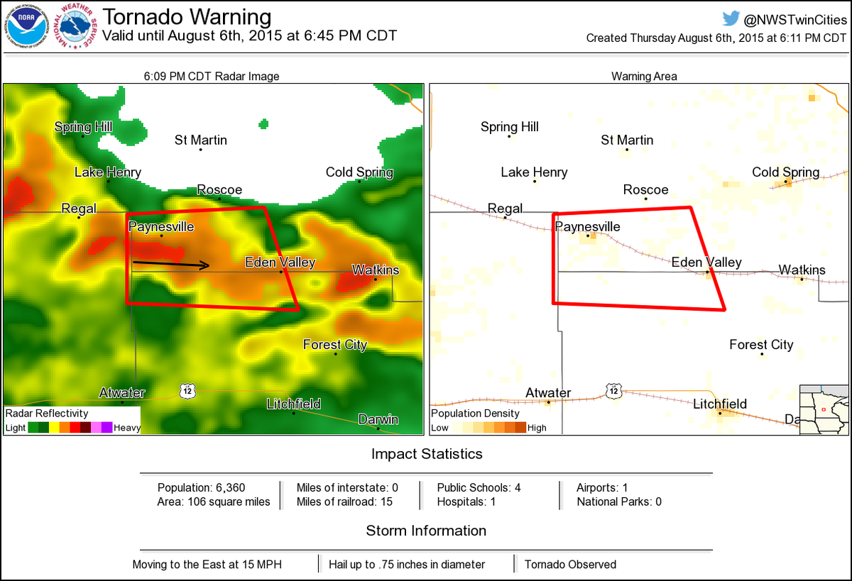 Tornado Warning including Paynesville MN, Eden Valley MN until 645 PM