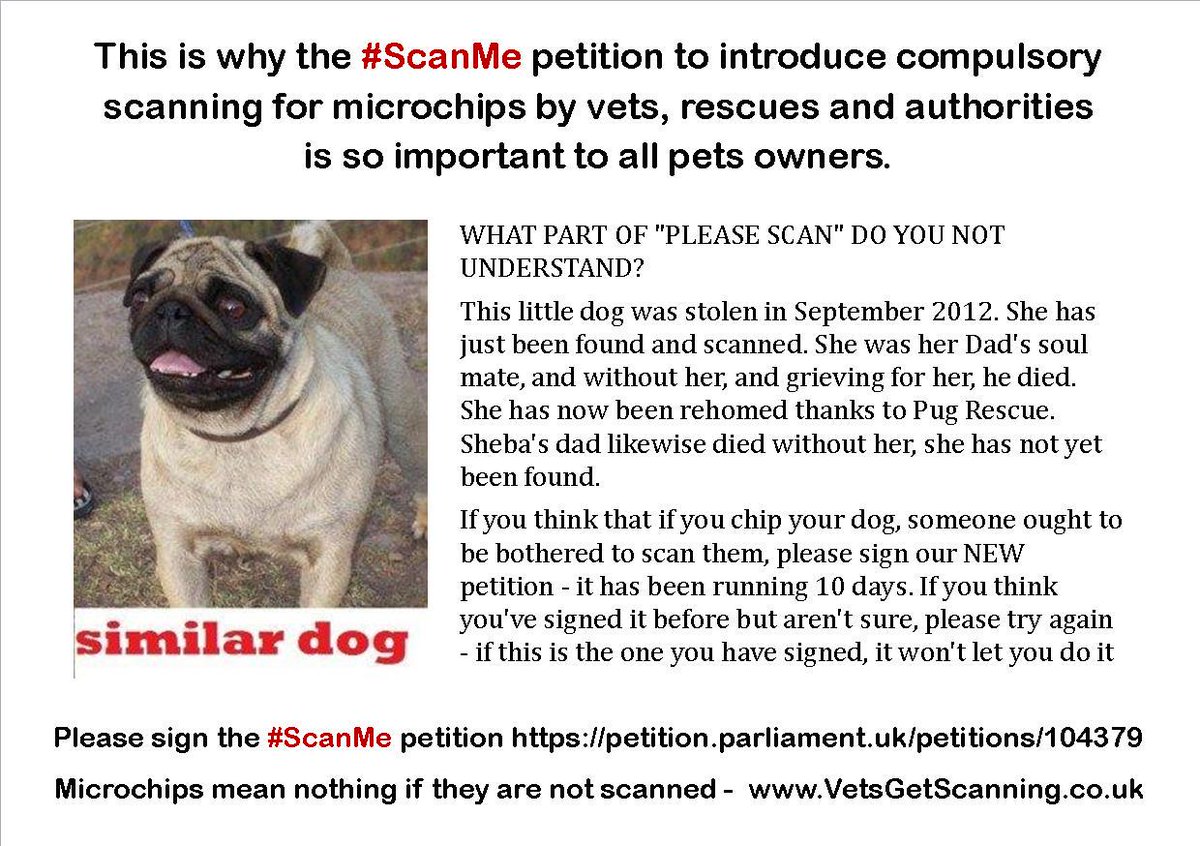 FindOurPup's tweet photo. One reason why pet owners need to sign the #ScanMe petition please read &amp; sign https://t.co/DQ6WctHLeZ … http://t.co/T6YQU02KM6