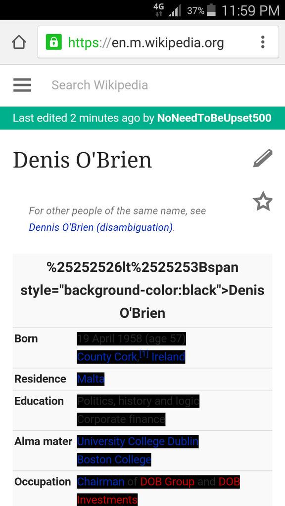 sazzysg's tweet photo. @ColmWhispers someone edited wiki  earlier, since been removed thought you might find it interesting 😄 #denisobrien http://t.co/8IubWST6YS