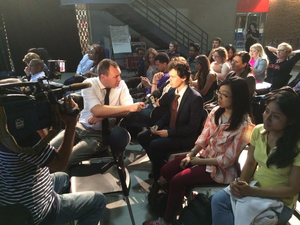 SenecaPoly's tweet photo. .@CityNews getting the student take on #macdebate from our #SenecaCollege audience #elxn42 #YouthSay2015 #SenecaVotes http://t.co/PocbQCzPTr