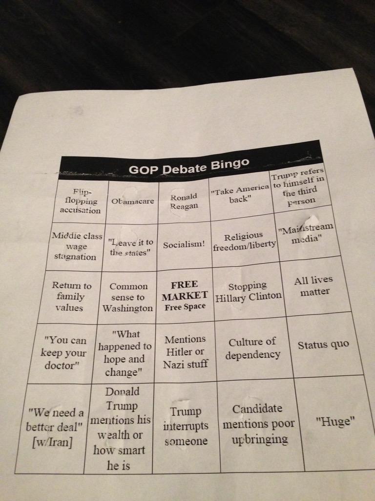 Bingo card for #GOPDebate, at Joe Schweigert's house.