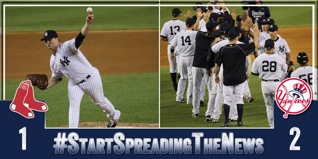 Yankees's tweet photo. RECAP: #Yankees edge Red Sox at home to earn another series victory: http://t.co/KqhNwyZsrX #PinstripePride http://t.co/Wpd3Fkn0wn