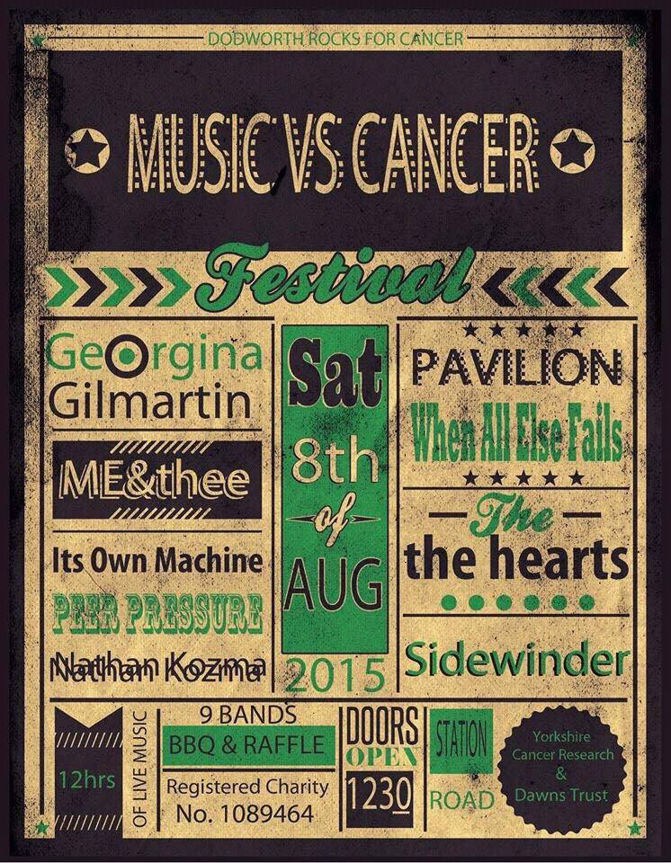 THIS SATURDAY - Music v Cancer
<a href="/pavilionband/">Pavilion Band</a> <a href="/WAEF_Band/">When All Else Fails</a> <a href="/theheartsband/">the hearts</a> Me&amp;Thee,Peer Pressure, Georgina Gilmartin