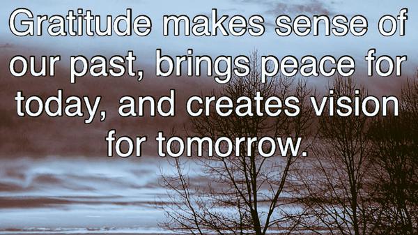 TheZigZiglar's tweet photo. Gratitude makes sense of our past, brings peace for today, and creates vision for tomorrow. http://t.co/e8n9y4E0Hv