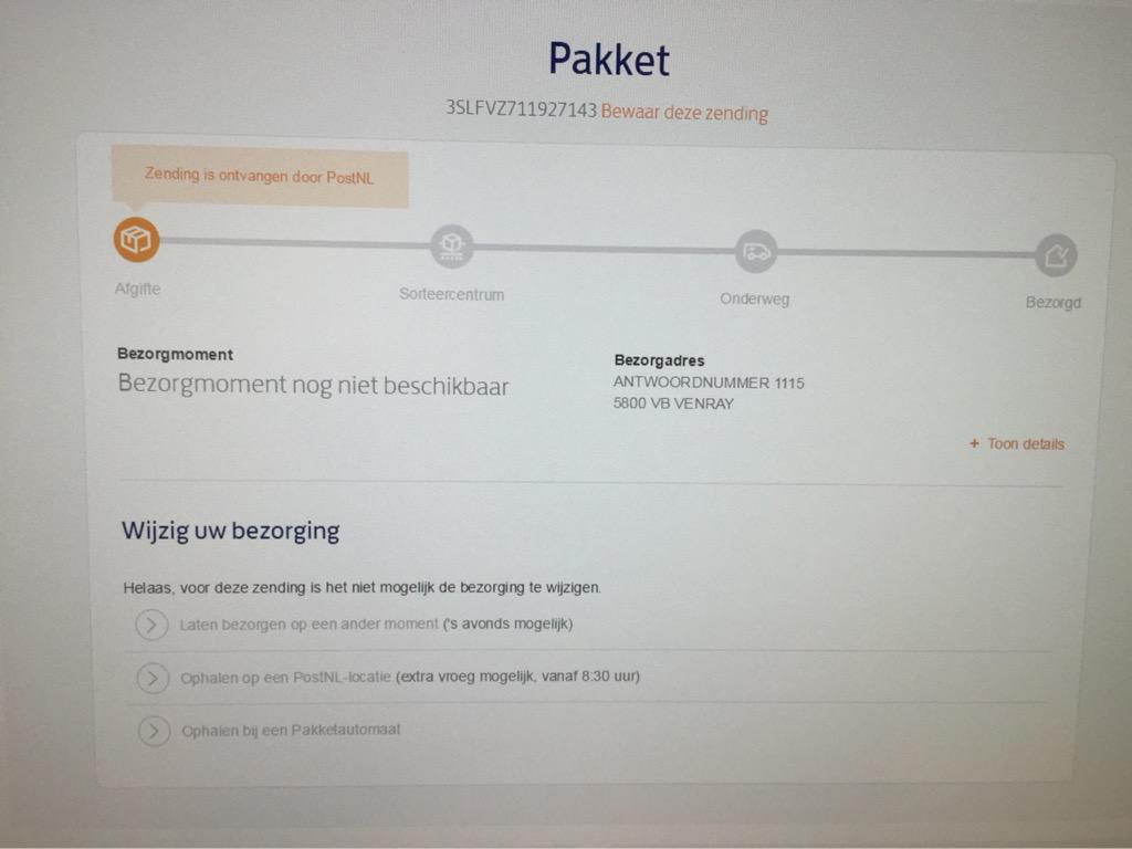 Zjarmand's tweet photo. @PostNL mijn zending staat nu al exact een week op "zending ontvangen door PostNL". Wat is de status? #dringend http://t.co/YQ8sekvzU6