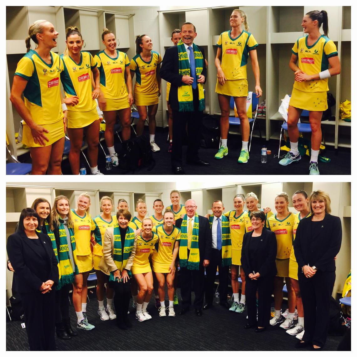 HonTonyAbbott's tweet photo. Honoured &amp; excited to be cheering on @AussieDiamonds @ the World Cup - loving the #brilliance #goodluckDiamonds http://t.co/VqTGR7AxgN