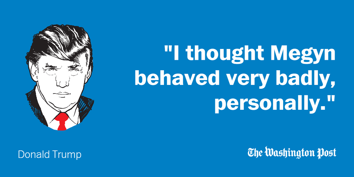washingtonpost's tweet photo. Trump says he got tougher questions, and that Megyn Kelly "behaved very badly" http://t.co/oyoDQydNpB http://t.co/vi54nMzfSR