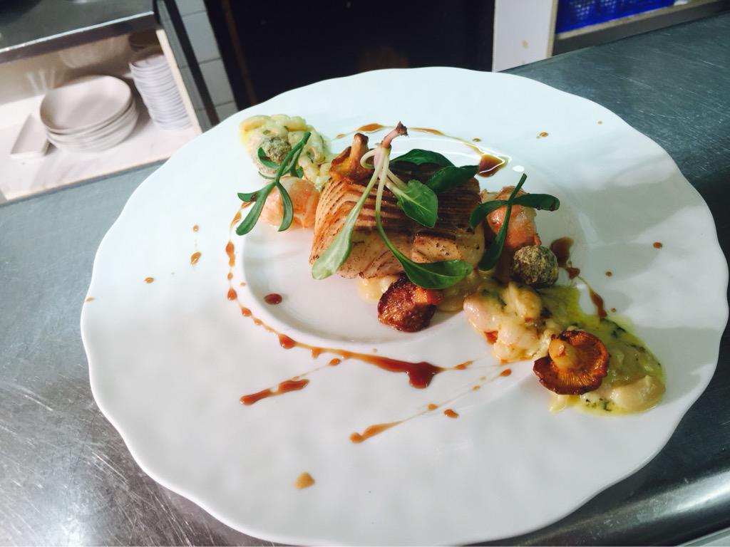 Charred sea trout, langoustine, giroles, Langley Castle, Hexham.