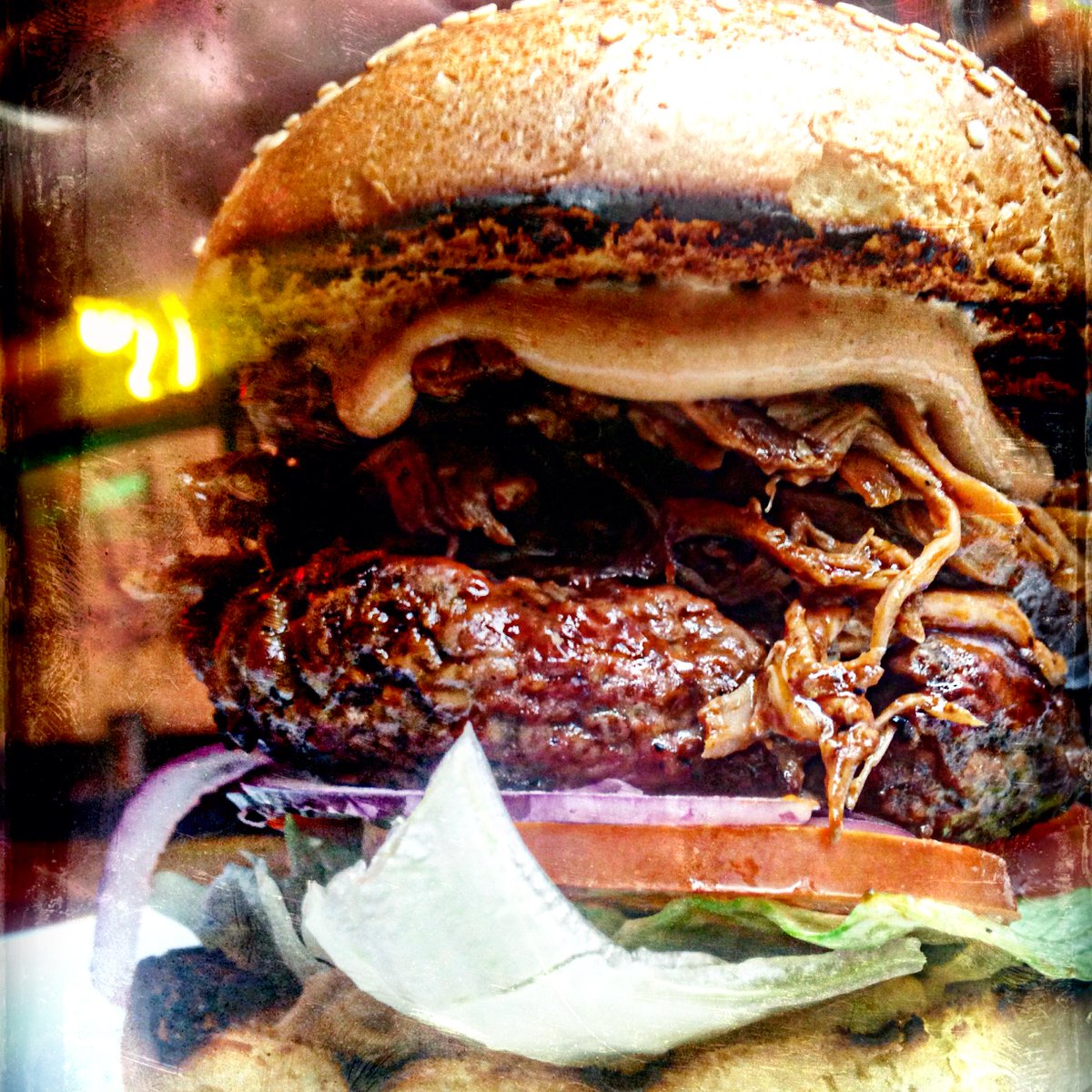 SOUTHERNELEVEN's tweet photo. Its such a 'Swine' being this tasty! 
Try our Swine #Burger topped with Pulled Pork! @Spinningfields #Lunch #MCR http://t.co/IwL5Tz0gfr