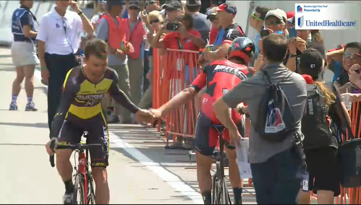 Highmountain4's tweet photo. Class! @JackBobridge &amp; @taylorphinney show us what it is #cycling #USProChallenge http://t.co/nJIIcluBIq