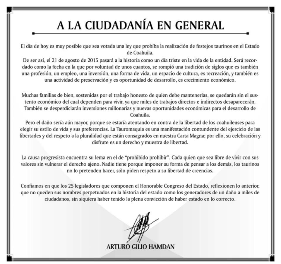 LeonardoZuloaga's tweet photo. El matador Gilio publicó el siguiente desplegado. Aplaudo su congruencia y valor. http://t.co/XswyOeKa6f