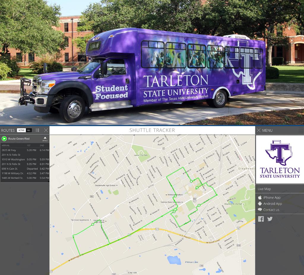 TarletonPrez's tweet photo. New shuttle buses and routes available on Monday:http://t.co/96GyTa01uO http://t.co/7Kv353lJfd