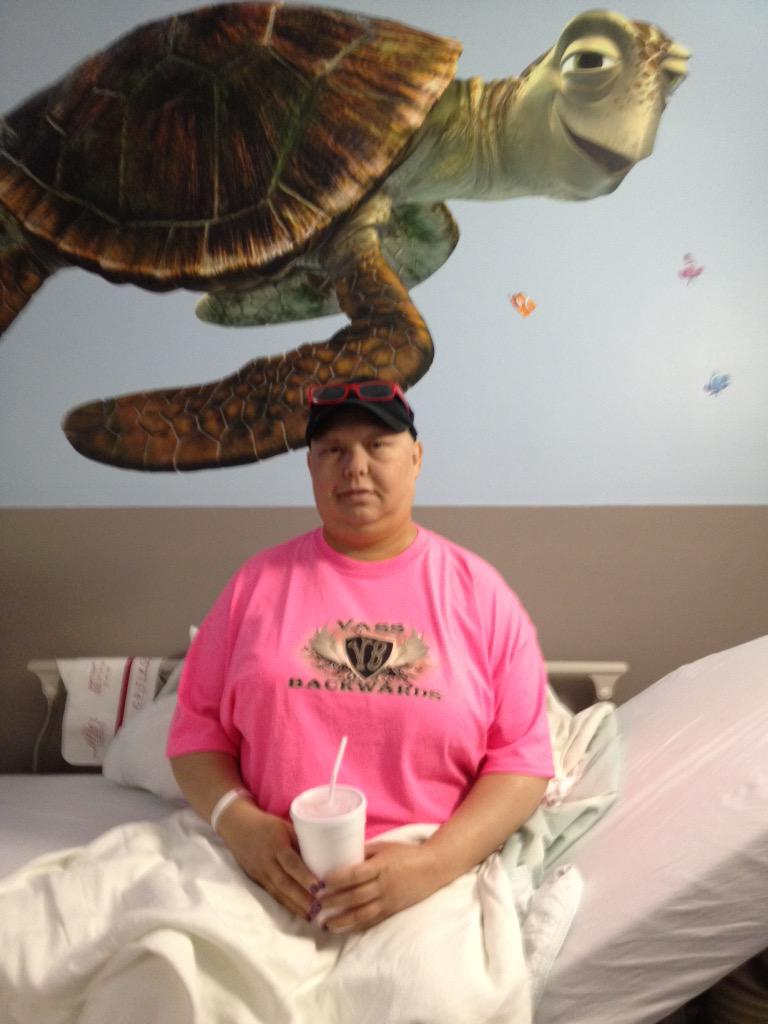 k_diangelo's tweet photo. Surgery went well. Cut what was left out and recouping fine. #kickincancersass while balancing a turtle on my head! http://t.co/19omVHJft6
