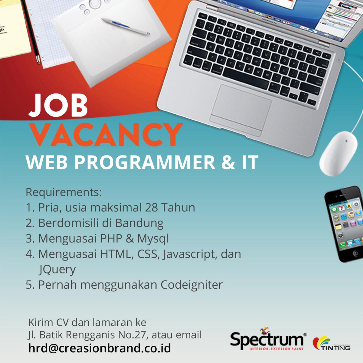 Kami sedang membutuhkan Web Programmer &amp; IT. Kirim CV &amp; lamaran ke hrd@creasionbrand.co.id