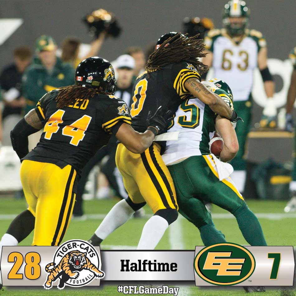 Ticats's tweet photo. HALFTIME: #Ticats 28, #Eskimos 7

Collaros: 12/17, 196 yards, 2 TD 
Sinkfield: 5 rec. 115 yards, 2 TD 

#CFLGameDay http://t.co/MeiYCBcNdS