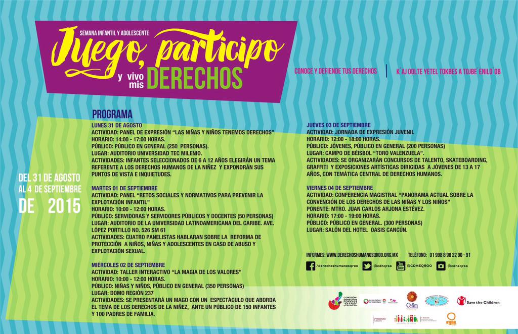 quehaceren_mx's tweet photo. Semana Infantil y Adolescente: Juego, participo y vivo mis derechos. @cdhqroo @HarleySosaG @marcozumel http://t.co/fJZFbxcr4P