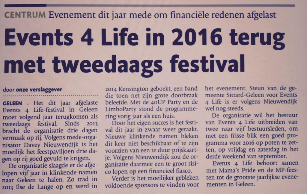 'Events 4 Life in 2016 terug met tweedaags festival' #geleen #markt #events4life #2016