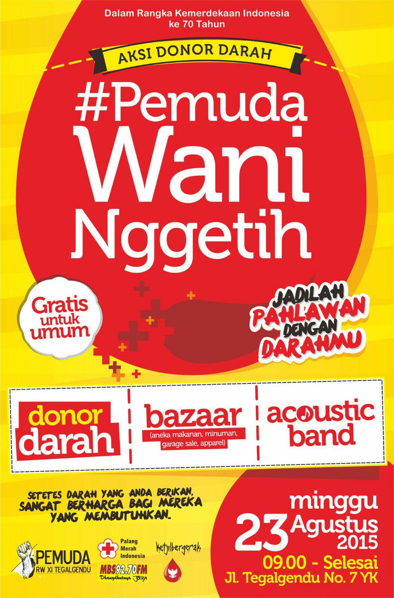 JogjaUpdate's tweet photo. #jogja @Tegalgendu_KG: 23/8/15 9.00 DonorDarah di Jl.Tegalgendu no.7 | umum http://t.co/9JVJ7RjUQN