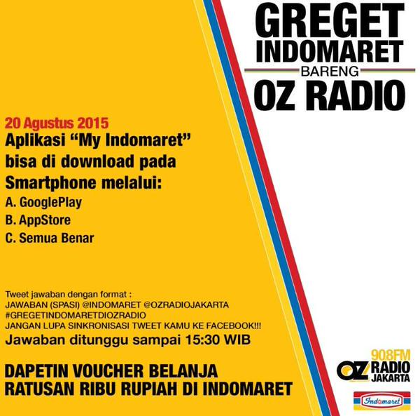 Infusionet's tweet photo. Jangan sampe kelewat buat jawab ini! @Indomaret #GREGETINDOMARETDIOZRADIO http://t.co/JCBccwcA97